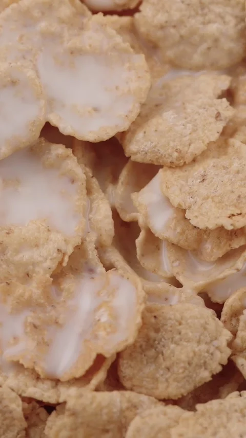 Vertical close-up of crispy gluten-free cereal flakes with milk being in a bowl Stock Footage 318474282