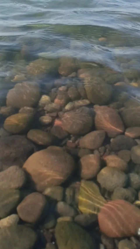 Vertical close-up of crystal clear shallow water flowing over a pebble bed w Vídeos de archivo 340966072