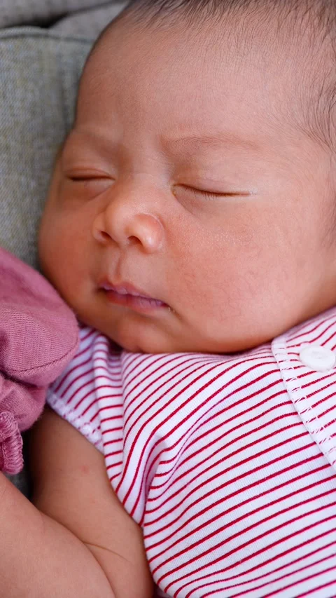 Vertical Close-up of a Cute Asian Newborn Baby Sleeping Soundly in a Stroller Stock Footage 337954541