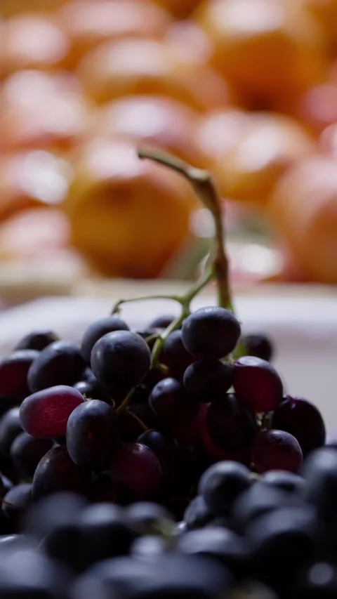 Vertical close-up of a dark purple grape bunch with stem in sharp focus, set Stock Footage 329555388
