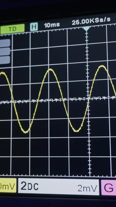 Vertical Close Up Of Digital Oscilloscope Screen Displaying Yellow Sine Wave Video stock 327554590