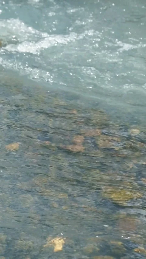 Vertical close up of a fast flowing stream on a gravelly river bank Stock Footage 336797637