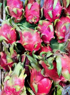 Vertical close-up of fresh dragon fruit in the tropical fruit market. Stockfoto's