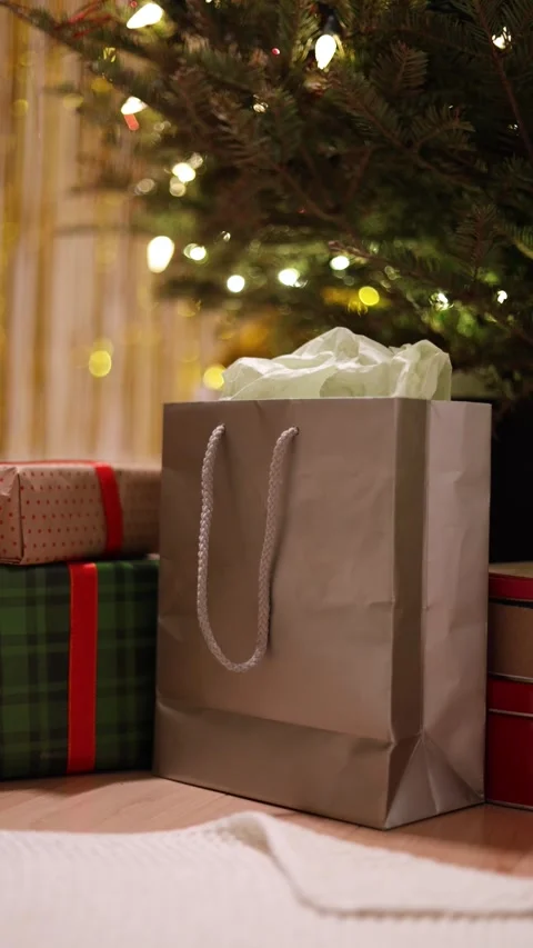 A Vertical Close Up Of A Gift Bag And Christmas Presents Under Tree Stock Footage 313703375