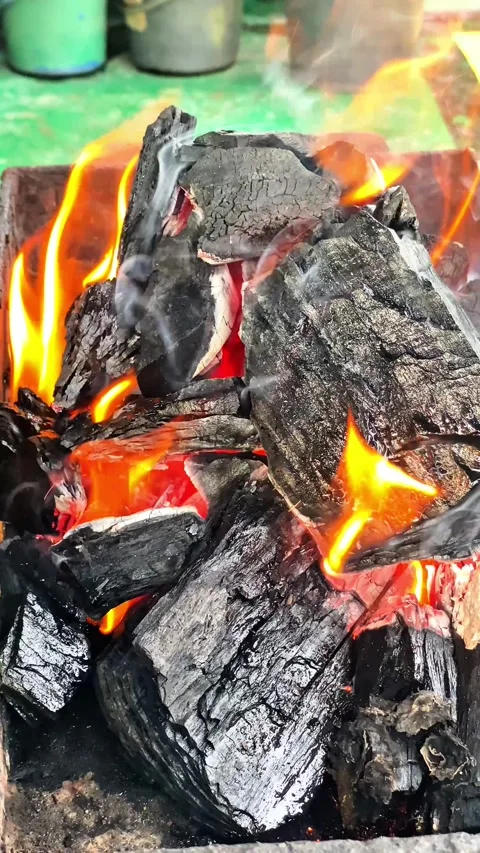 Vertical Close-Up of Glowing Charcoal with White Smoke and Red Flame. Stock Footage 290296518