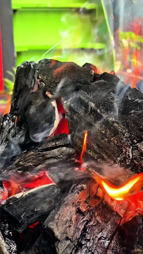 Vertical Close-Up of Glowing Charcoal with White Smoke and Red Flame. Stock Footage 290297299
