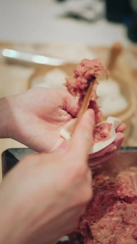 Vertical close-up of hand holding a dumpling wrapper over raw minced pork tray Stock Footage 333897275