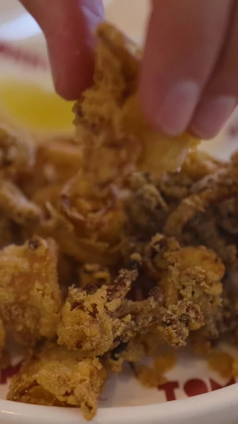 Vertical Close Up of Hand Picking Fried Calamari from Plate Stockbeeldmateriaal 326026516