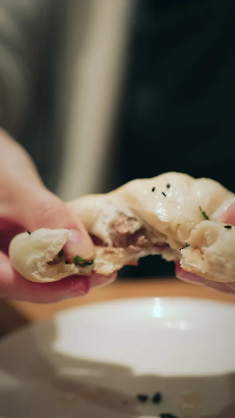 Vertical close-up of hands holding a pan-fried bun with sesame in restaurant Stock-Footage 333898593
