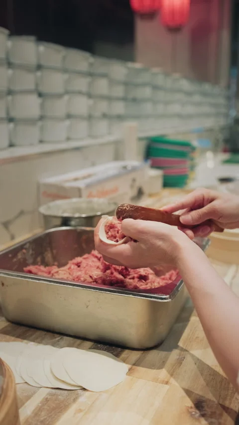 Vertical close-up of hands scooping minced pork filling for Chinese dumplings Stock-Footage 333893408