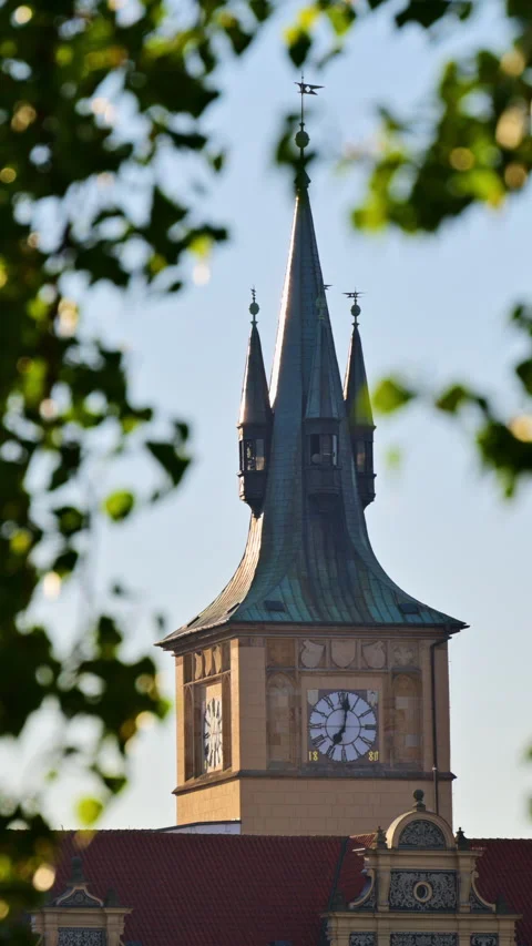 Vertical close-up of a historic tower with a pointed roof and a white clock face Stock Footage 342255557