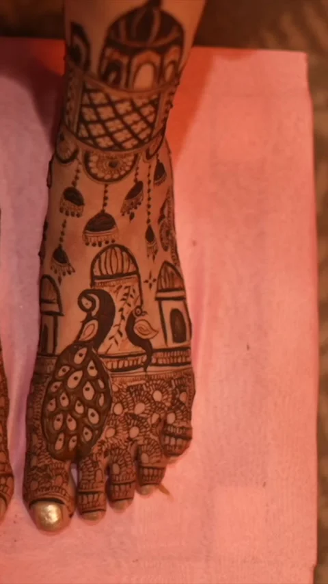 Vertical Close Up of Indian Bride Showing Mehendi Designs Stock Footage 337453033