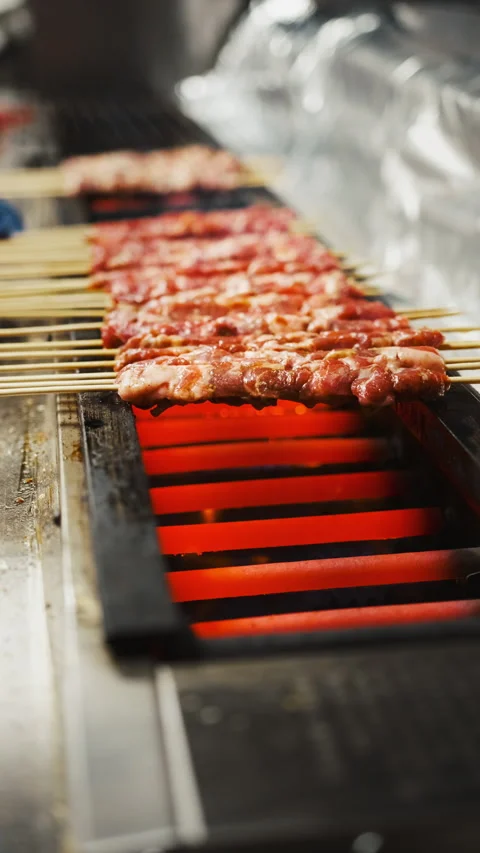 Vertical close up of marinated meat skewers grilling over glowing heat Stock-Footage 333876853