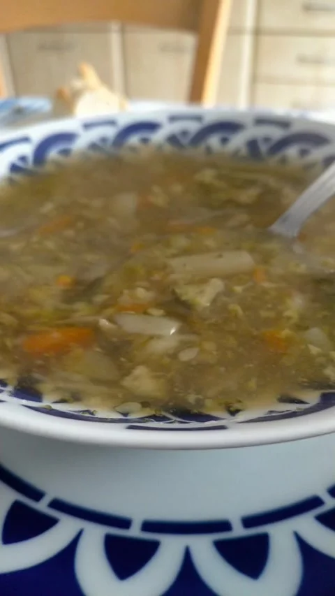 Vertical Close Up of Metal Spoon Stirring Hot Homemade Vegetable Soup Vidéo 333076554
