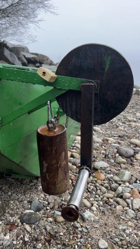 Vertical Close Up of Metal Winch with Padlock on a Green Fishing Boat Stock Footage 328472527
