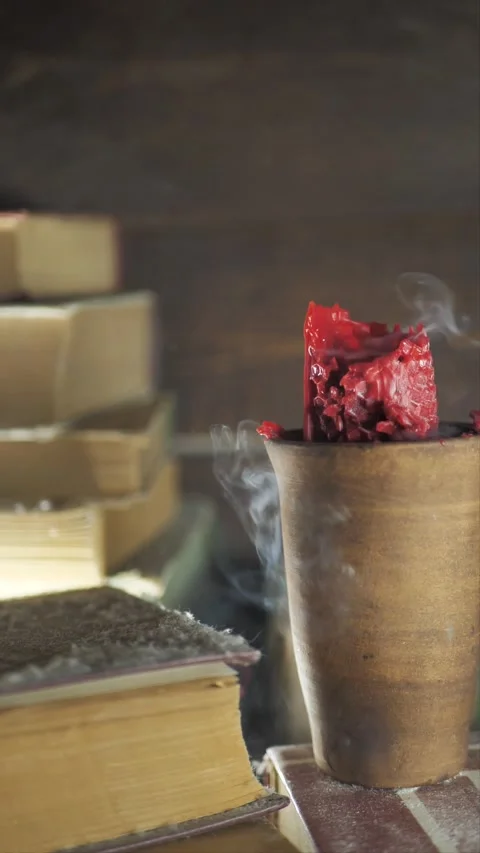 Vertical: Close the old dusty book with cobwebs and blow out the candle fire in  Stock Footage 263910038