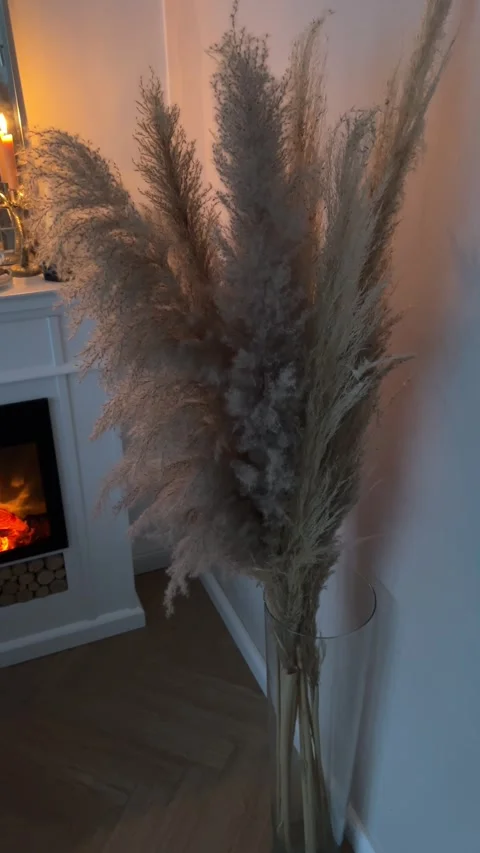 Vertical close up of pampas grass in floor glass vase with fireplace background Stock Footage 346488647