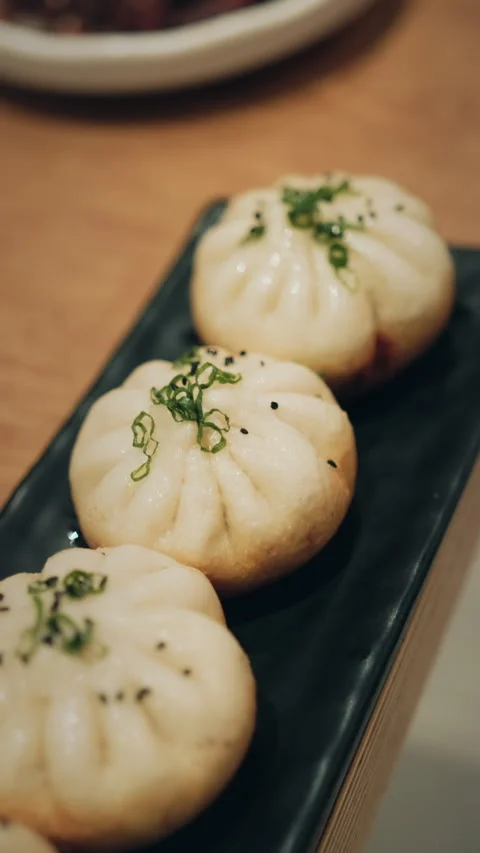 Vertical close-up of pan-fried Chinese buns with sesame and green onion on dark Stock Footage 333898038