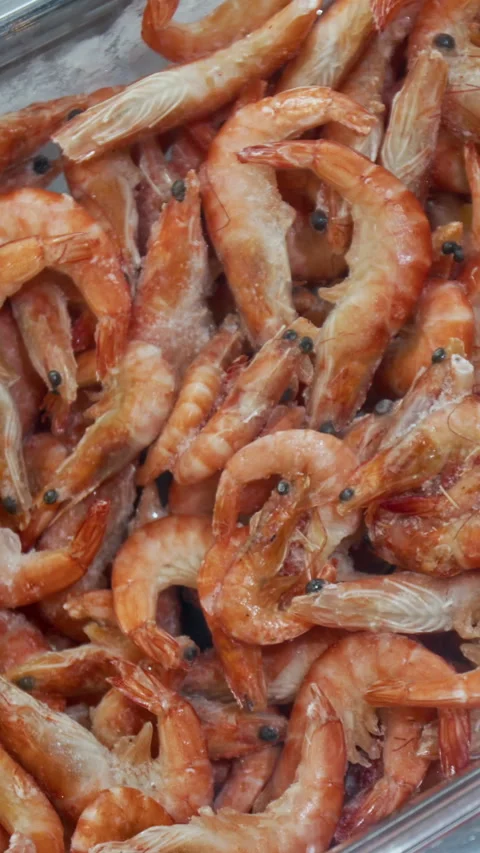 Vertical Close-up of Plastic Box Filled with Big Boiled and Frozen Shrimps Stock Footage 313280142