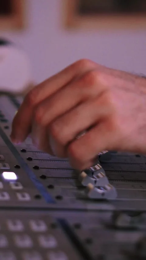 Vertical close up portrait of hands working on sound mixer console for recording Stock Footage 247726324