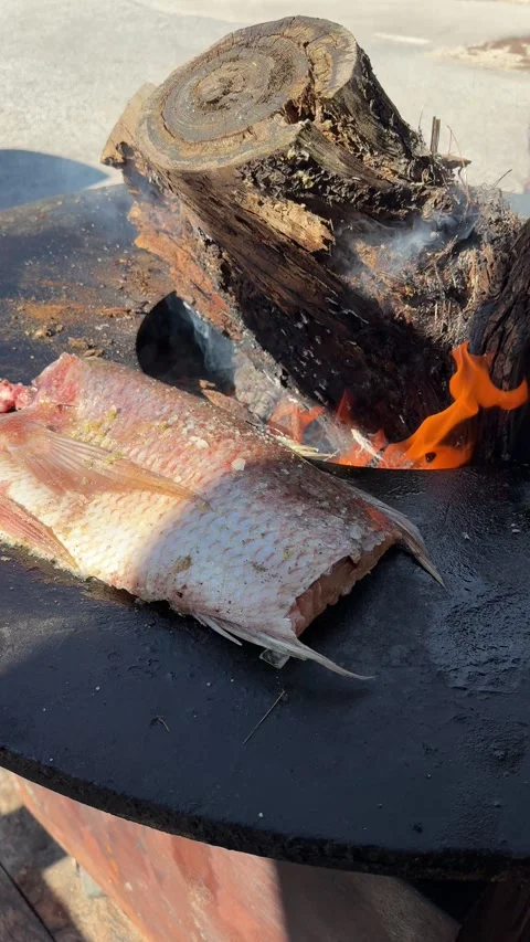 Vertical close up of seafood being grilled on rustic barbecue by shore 스톡 동영상 319407330
