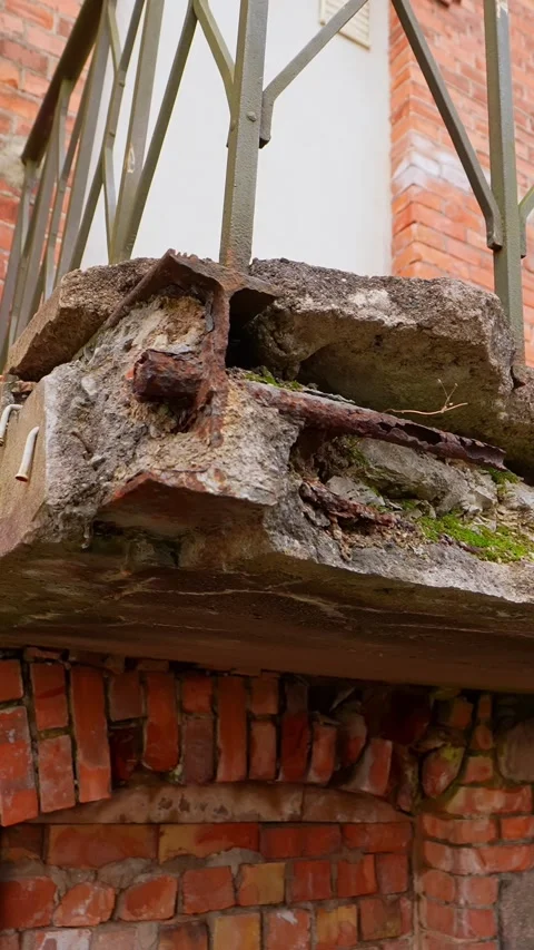 Vertical close-up of a severely damaged concrete balcony edge with rusted steel Vidéo 333655565