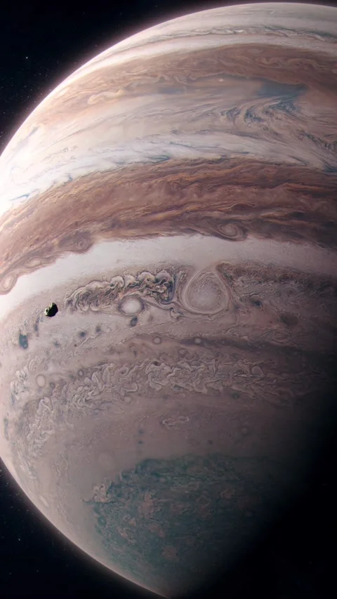 Vertical Close Shot of the Gas Giant Jupiter with an Asteroid Approaching Stock Footage 291022586