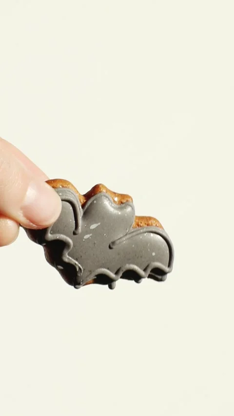 Vertical close-up shot of a hand holding a cookie decorated with grey icing.. Stock Footage 346221484