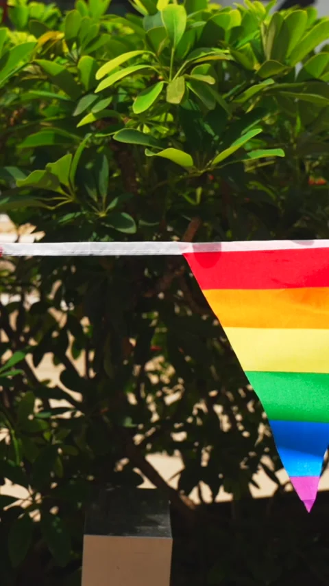 Vertical Close up slow motion of rainbow-colored flags strung and waving above Stock Footage 317605529