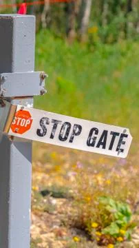 Vertical Close up of stop gate sign at a ski resort in Park City Utah at off Stock Photos