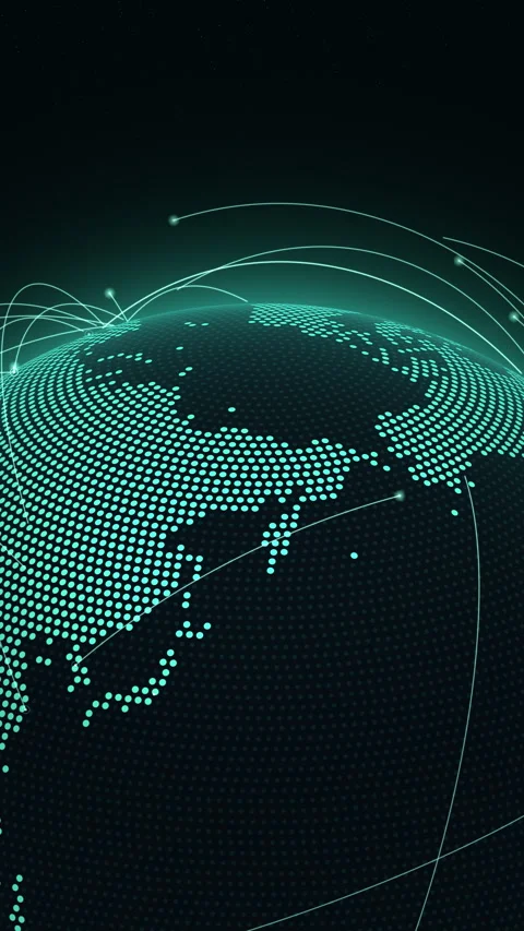 Vertical close-up of a teal dotted Earth globe turning under glowing data arc Vidéo 346894926
