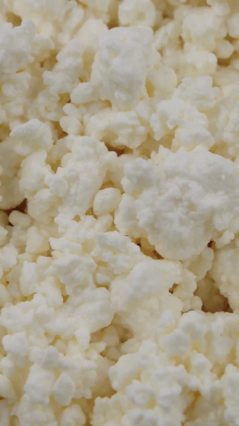 Vertical close-up texture of fresh cottage cheese curds. Probiotic dairy ptoduct Stock Footage 318466057