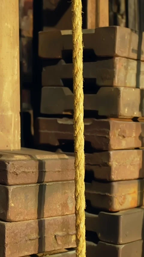 Vertical close-up of theatre counterweight stack and rope backstage, showing Stock Footage 333653656