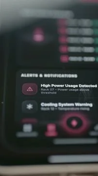 Vertical close-up of a touchscreen server dashboard showing high power Stock Photos