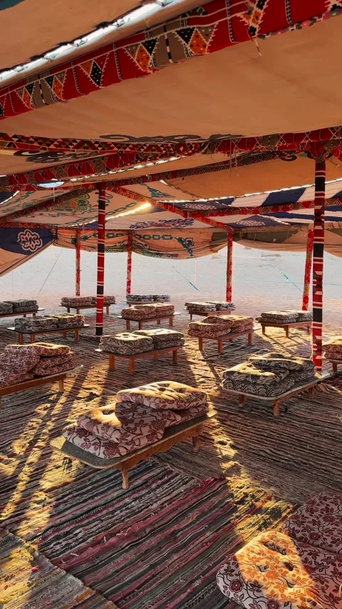 Vertical Close Up of Traditional Arabic Cushions and Low Tables in Bedouin Stock-Footage 341909461