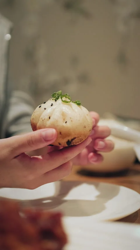 Vertical close-up of two hands holding a pan-fried Chinese bun with sesame Stock Footage 333898292