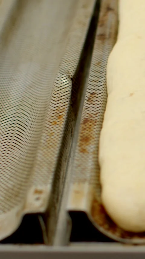 Vertical close-up of unbaked dough log resting in perforated cradle during Vídeos de archivo 344572200