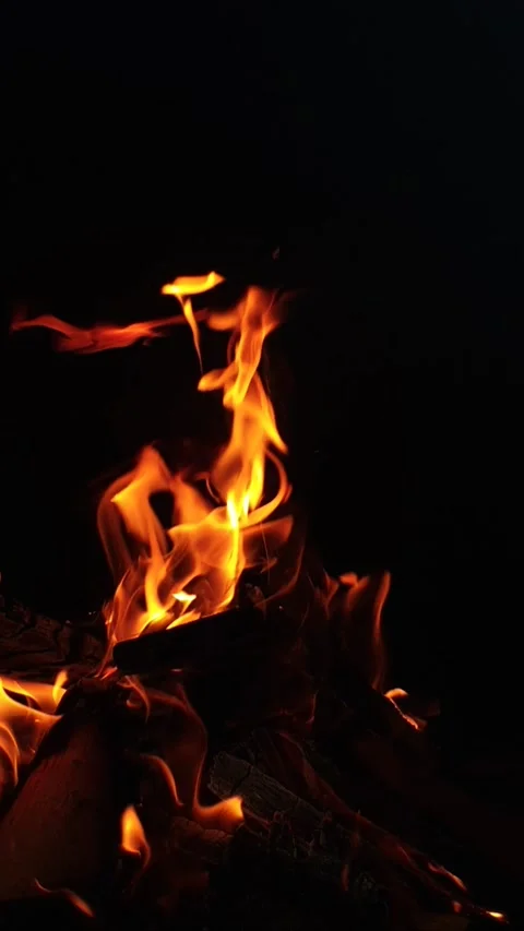 Vertical close up of vibrant orange flames flickering over charred wood at night Stock Footage 331236789