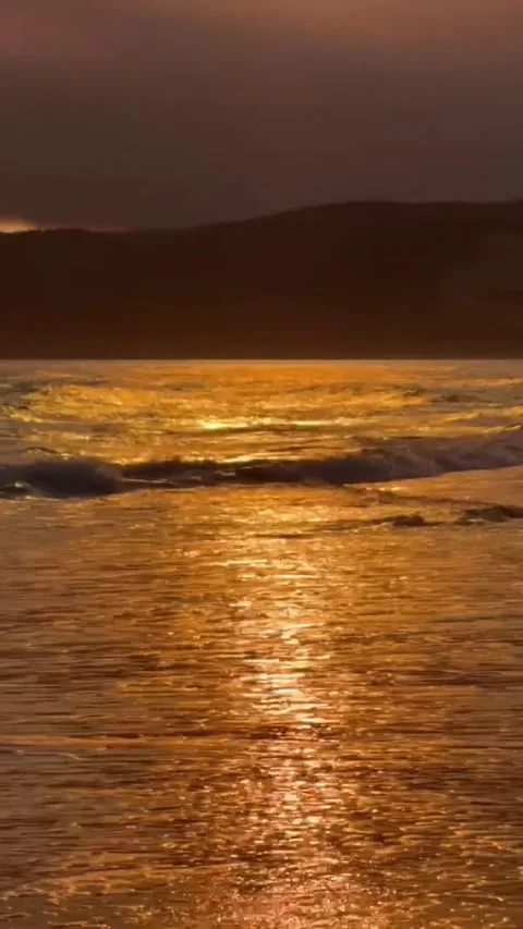 Vertical close up video of ocean water at sunset. Waves moving toward the shore. Stock Footage 327593711