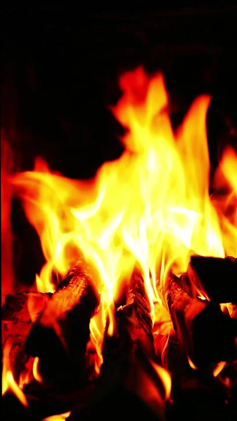 Vertical close view of glowing fire with intense flame motion Video stock 319898728