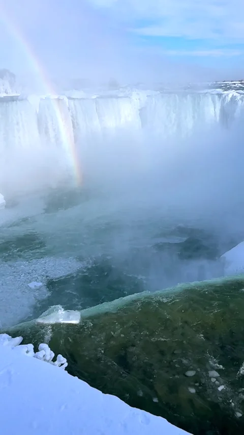 Vertical Close View Of Horseshoe Falls Brink With Bright Winter Rainbow Stock-Footage 342331459