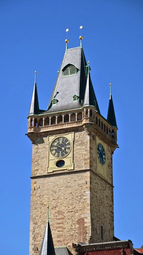Vertical close view of the top of the Gothic Old Town Hall Tower with its clock Stock-Footage 342278450