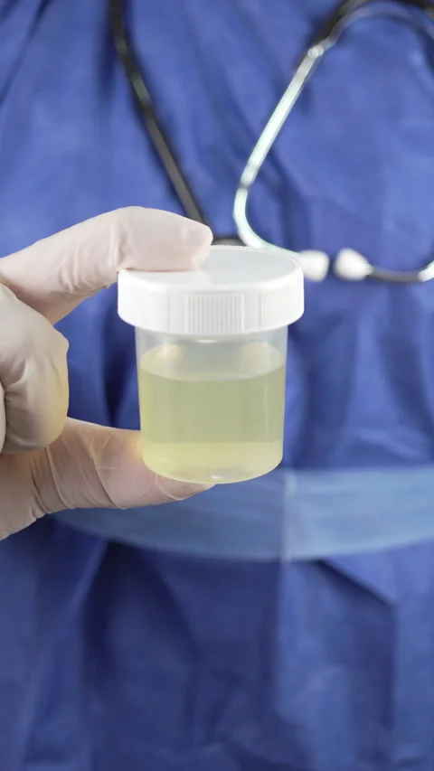 Vertical Close View of Urine Sample Cup in Clinical Uniform Background Stock Footage 340550564