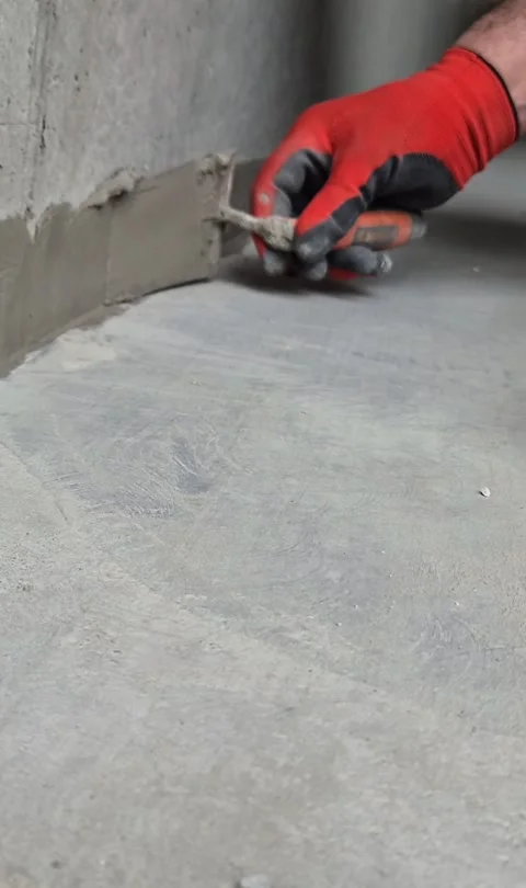 Vertical Close Up Wall Repair with Waterproof Cement Stock Footage 338191895