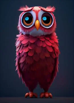 Vertical closeup of a 3D-rendered colorful owl with big eyes, dark background Illustrazione stock