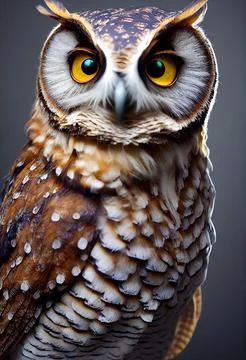 Vertical closeup of a 3D-rendered colorful owl with big eyes, dark background Illustrazione stock