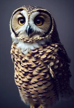 Vertical closeup of a 3D-rendered colorful owl with big eyes, dark background Illustrazione stock