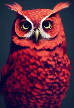 Vertical closeup of a 3D-rendered colorful owl with big eyes, dark background Illustrazione stock