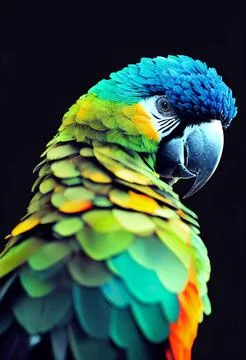 Vertical closeup of a 3D rendering of a macaw parrot in the dark background Stock Illustration
