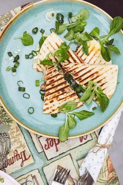 Vertical closeup of the chicken Caesar wraps. Stock Photos